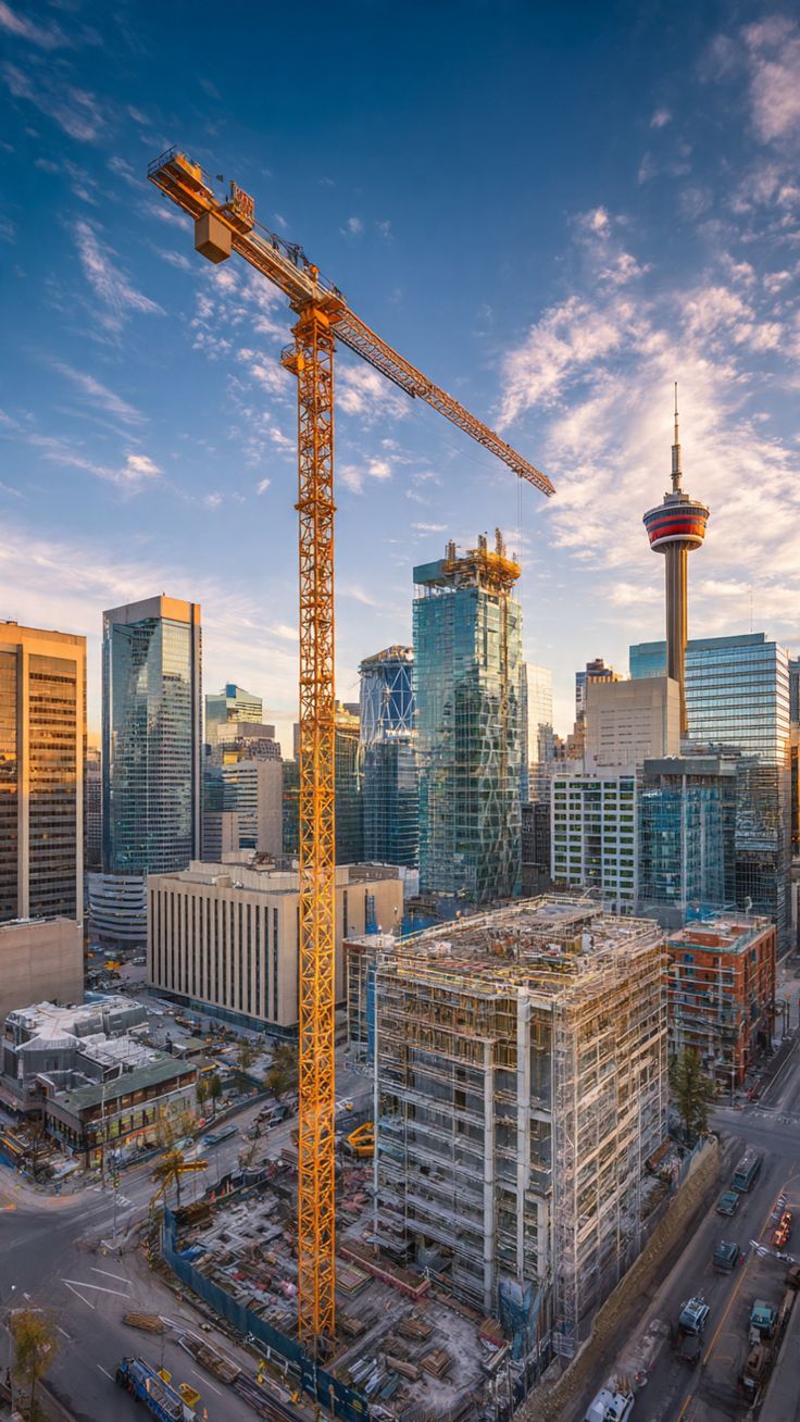 Multi-storey building under construction with tower cranes in major urban civil engineering development